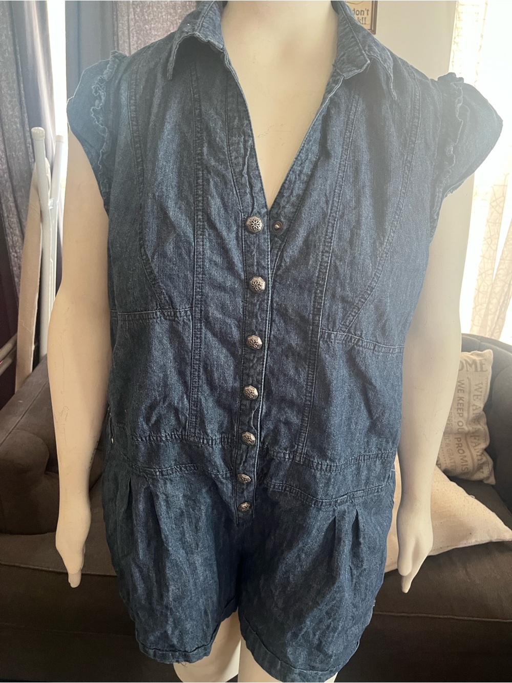 Sleeveless Dark Indigo Denim Button Front Romper.
